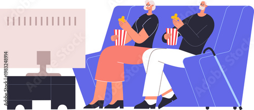 Older adults relaxing on a sofa, watching TV and eating popcorn