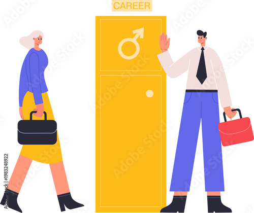Woman facing career gender inequality while man has open access to opportunity