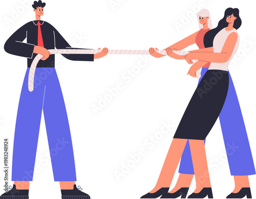 Man pulling rope against two women in illustration of business competition and gender conflict