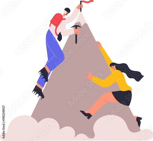 Business people are climbing a mountain, collaborating to reach success and achieve goals