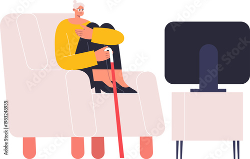 Senior woman with a white cane sitting on a sofa, feeling lonely and isolated
