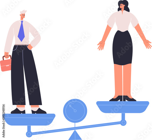Business colleagues standing on a balance scale representing gender inequality in the workplace