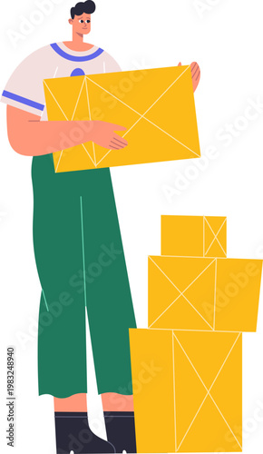 Man managing stack of parcels, working in logistics and shipping