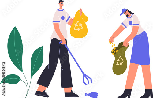 People picking up trash and putting it into bags with recycle symbols