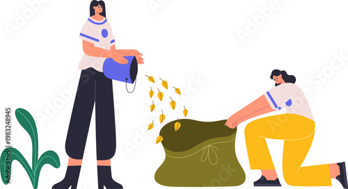 Two women collecting fallen leaves from a bucket into a garden bag, working together