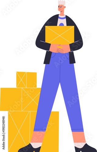 Person standing with a package, representing shipping, logistics, and order delivery
