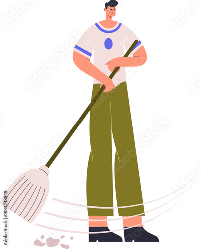 Man sweeping floor with a broom, cleaning up dust and dirt