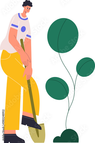 Person digging soil next to a growing plant, symbolizing gardening and environmental care