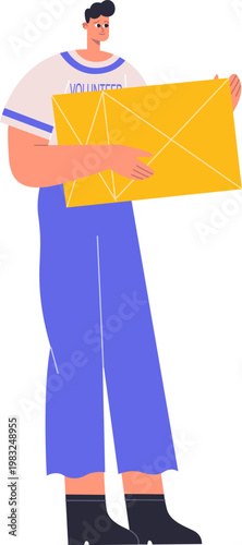 Volunteer person delivering or receiving a large yellow package for community support