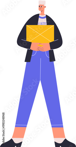 Volunteer person delivering a yellow envelope, representing charity and community service