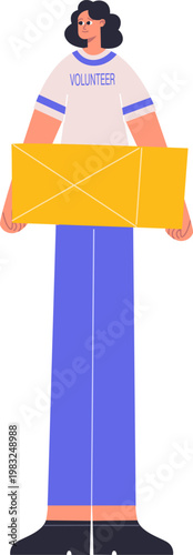 Female volunteer holding a cardboard box, symbolizing giving help and charity