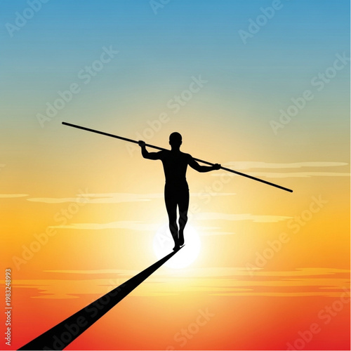 Man Walking on Tightrope at Sunset.