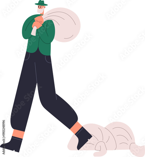 Person walking forward carrying a heavy sack on shoulder while dragging another on the ground