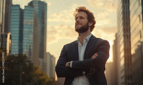 Confident businessman standing in front of a city skyline at sunset with his arms crossed