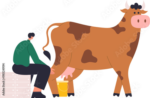 Person milking a brown cow into a bucket for fresh dairy product