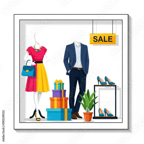 Mannequins in Sale Display with Clothes and Shoes.