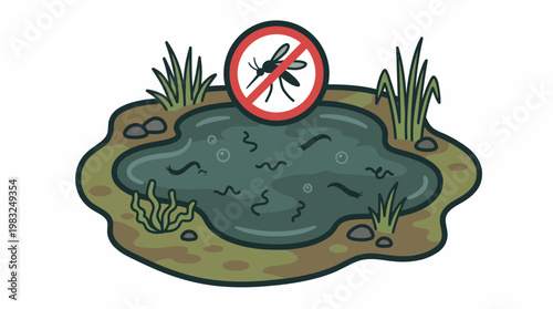 Stagnant water pond with a 'no mosquitoes' sign, symbolizing pest control, public health, and environmental awareness to prevent mosquito-borne diseases