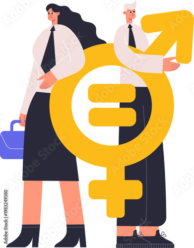 Professional man and woman standing by an equality symbol combining male and female signs