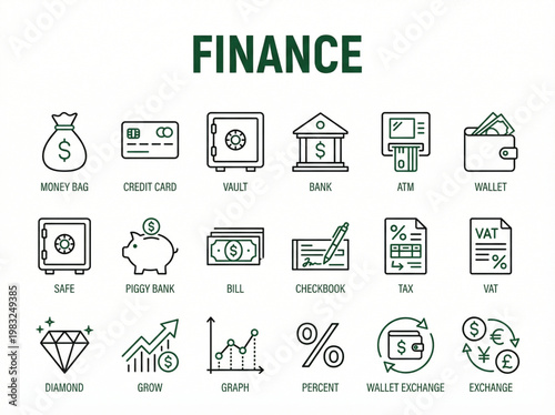 Complete set of eighteen professional finance and banking line icons featuring currency, savings, and investment symbols in a grid layout
