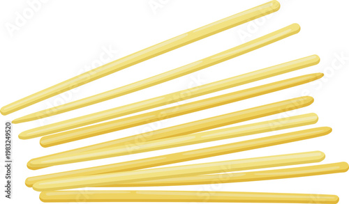 Yellow chopsticks arranged in a pile on a white background