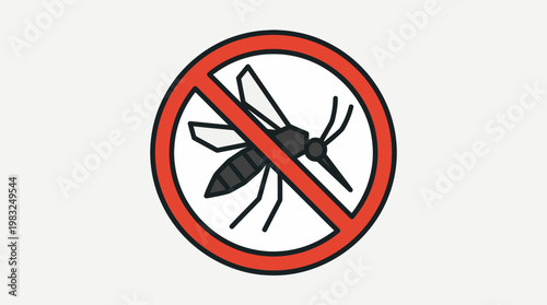 An icon depicting a mosquito with a red prohibition sign, symbolizing pest control, insect repellent, and an area free from biting insects, often used for public health and safety warnings