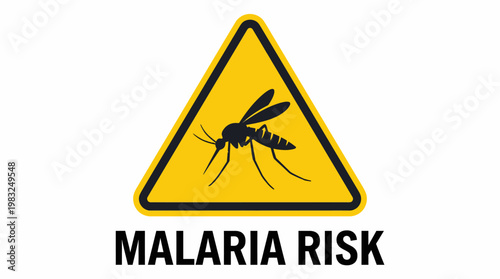 A prominent yellow triangular warning sign featuring a black silhouette of a mosquito, clearly indicating a significant risk of malaria transmission and potential health danger