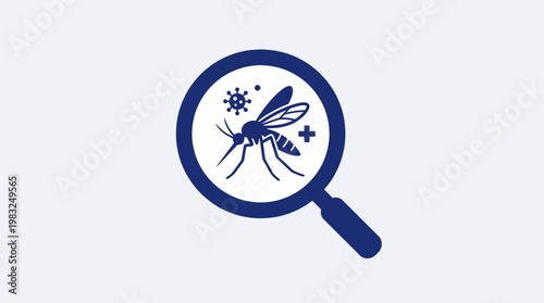 Mosquito under magnifying glass with virus and bacteria icons, concept of disease vectors and medical research