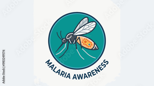 Malaria Awareness Symbol Mosquito Icon with Teal Circle and Text