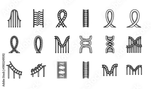 Roller coaster track outline icon collection with different rail shapes for amusement park design isolated on white background