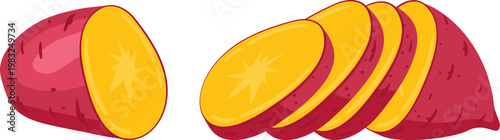 Sweet potato halves and slices showing vibrant orange flesh on a white background