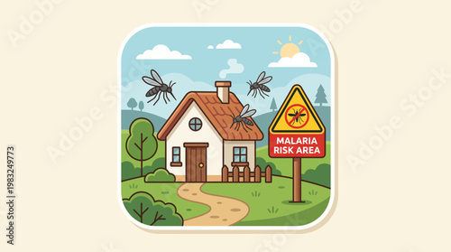 Illustration of a residential home surrounded by mosquitoes with a clear warning sign for a malaria risk area