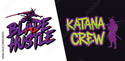 Vibrant logos of Blade Hustle and Katana Crew with samurai and graffiti design elements tshirt design