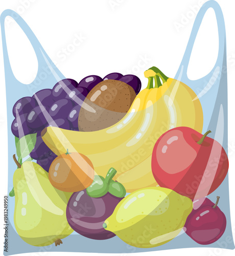 Assorted fresh fruit packed in a transparent plastic bag for grocery shopping