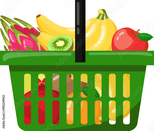 Green shopping basket holding fresh fruit including banana, apple, kiwi, and dragon fruit