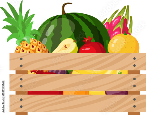 Wooden crate filled with a variety of colorful fresh fruits ready for market