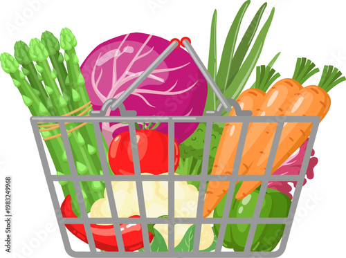 Shopping basket holding assorted colorful healthy fruits and vegetables, illustrating healthy eating and grocery shopping