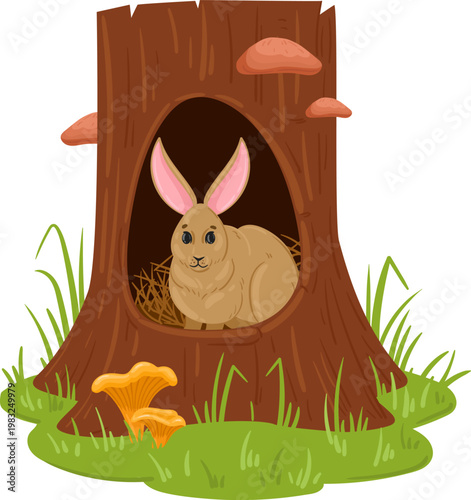 Cute rabbit resting in its tree stump burrow, surrounded by grass and mushrooms
