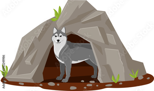 Wolf like animal finding shelter in a natural den