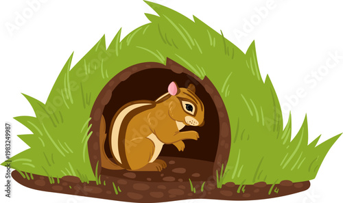 Striped chipmunk sitting inside its underground burror surrounded by green grass