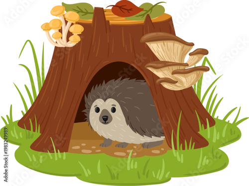 Hedgehog peeking from a hollow tree stump with mushrooms and leaves in green grass
