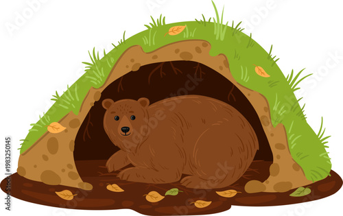 Brown bear resting comfortably inside a cozy dirt cave or den