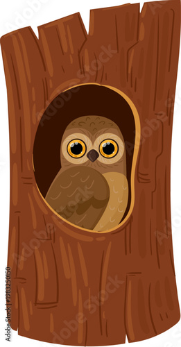 Cute cartoon owl sitting inside a cozy tree hole