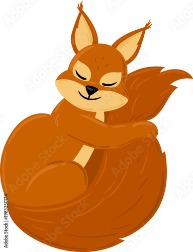 Cute cartoon squirrel curled up, resting with a gentle smile