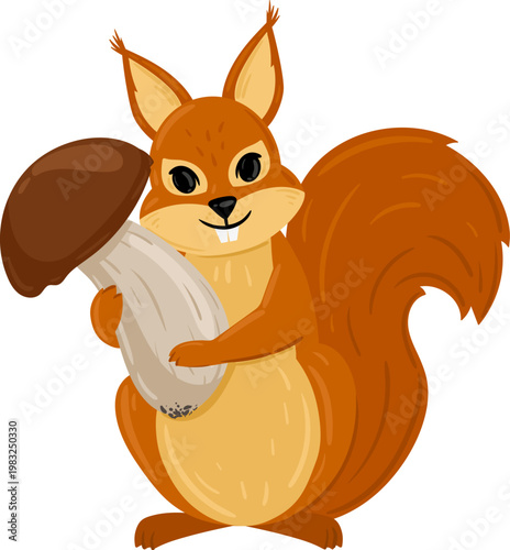 Cute cartoon squirrel character holding a large boletus mushroom