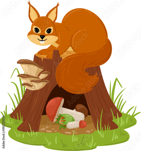 Squirrel sitting on a tree stump with mushrooms and nuts in its hollow base
