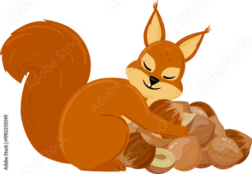 Cute squirrel feeling happy and content hugging its collection of nuts