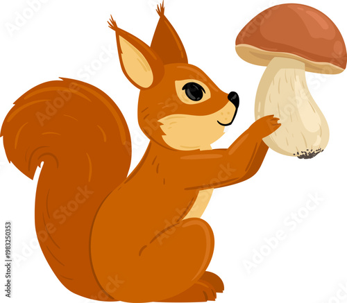 Squirrel holding mushroom illustration collecting food autumn