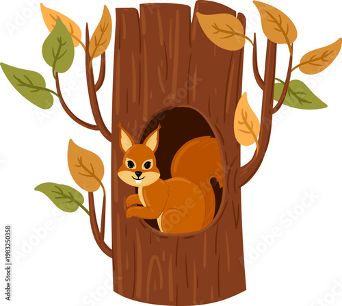 Happy squirrel looking out from a hole in a brown tree trunk with autumn leaves