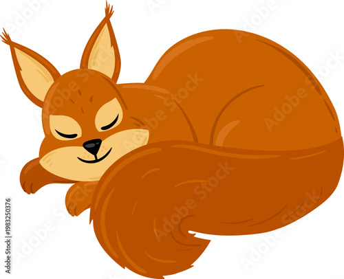 Cute cartoon squirrel sleeping curled up resting on a white background