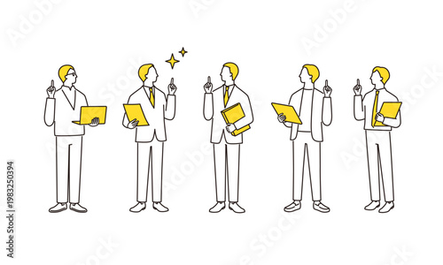 PCや書類ファイルを持つ、問題が解決した男性ビジネスチームの線画イラストセット